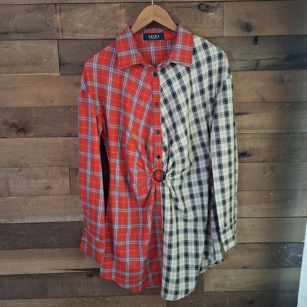 Akira Mixed Media Plaid Rushed Waist Button Front Dress Sz SMALL